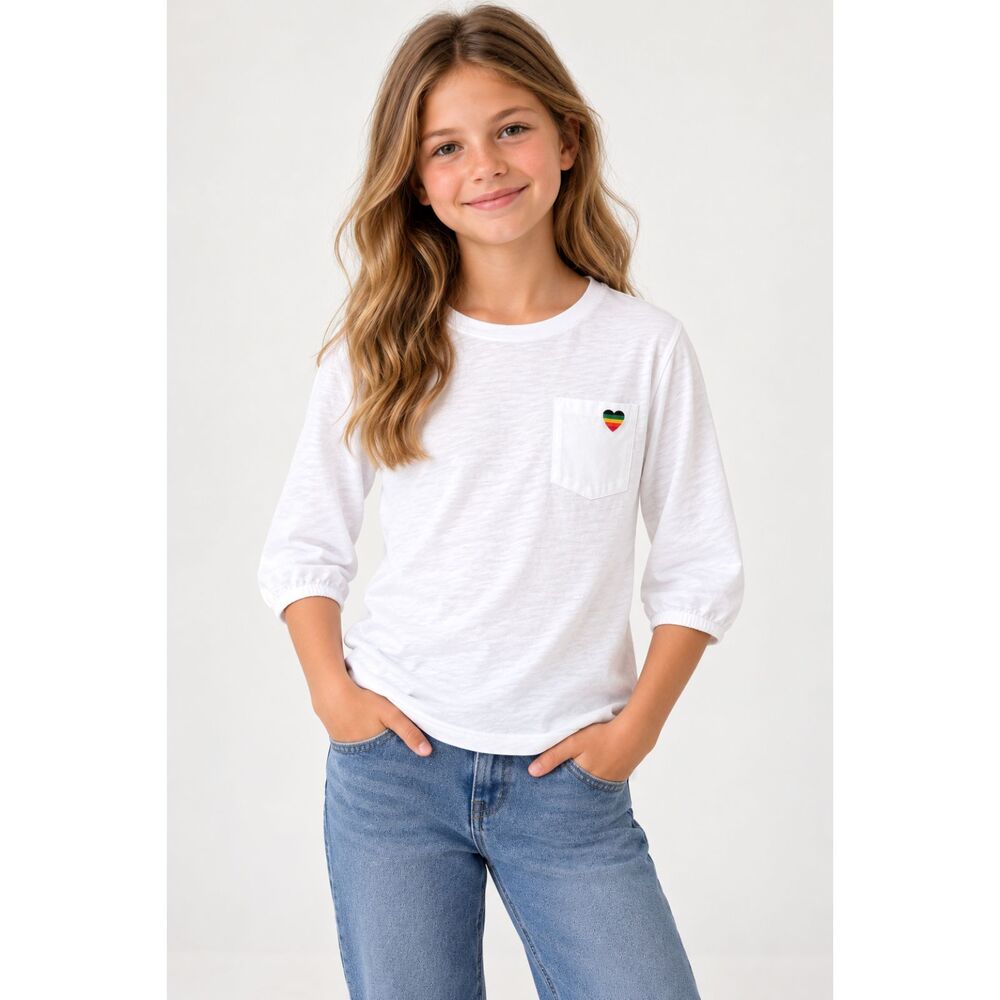 Gap Kids Girls White Cotton T-Shirt Rainbow Heart Pocket 3/4 Sleeve Size 10/11